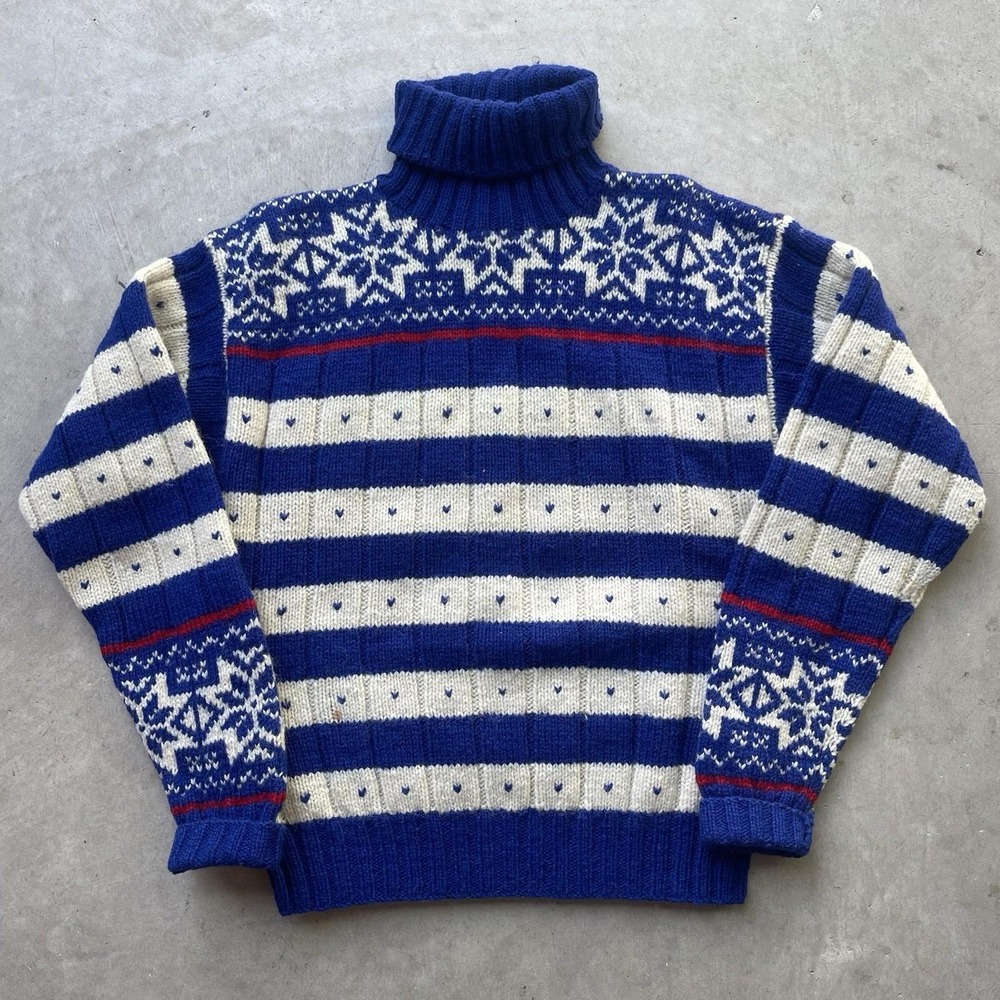 Vintage Polo Ralph Lauren Blue Nordic Fair Isle Sweater Hand Knit Wool Sz M